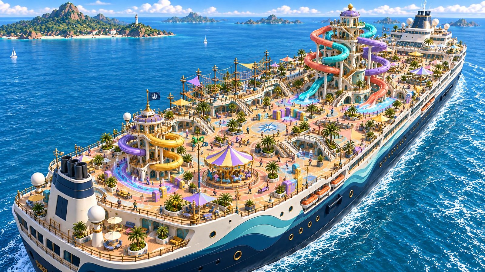 Concept art: the whole ship seen from above, with a carousel, slide towers, rope courses and palm-lined decks.