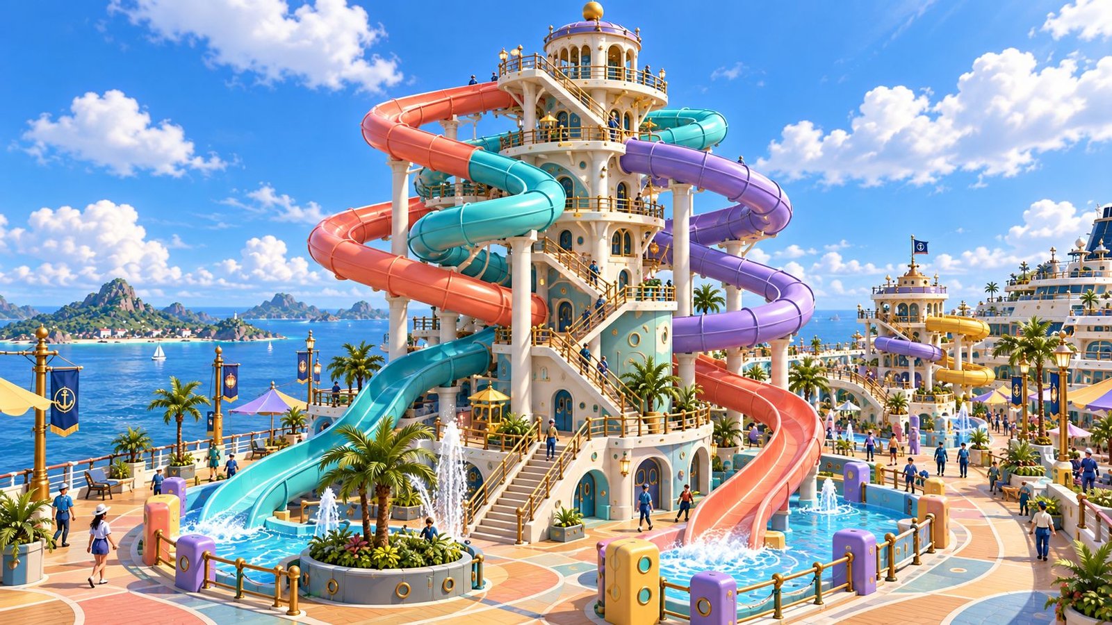 Concept art: a tall tower wrapped in coral, teal and purple spiral water slides on a sunny ship deck.